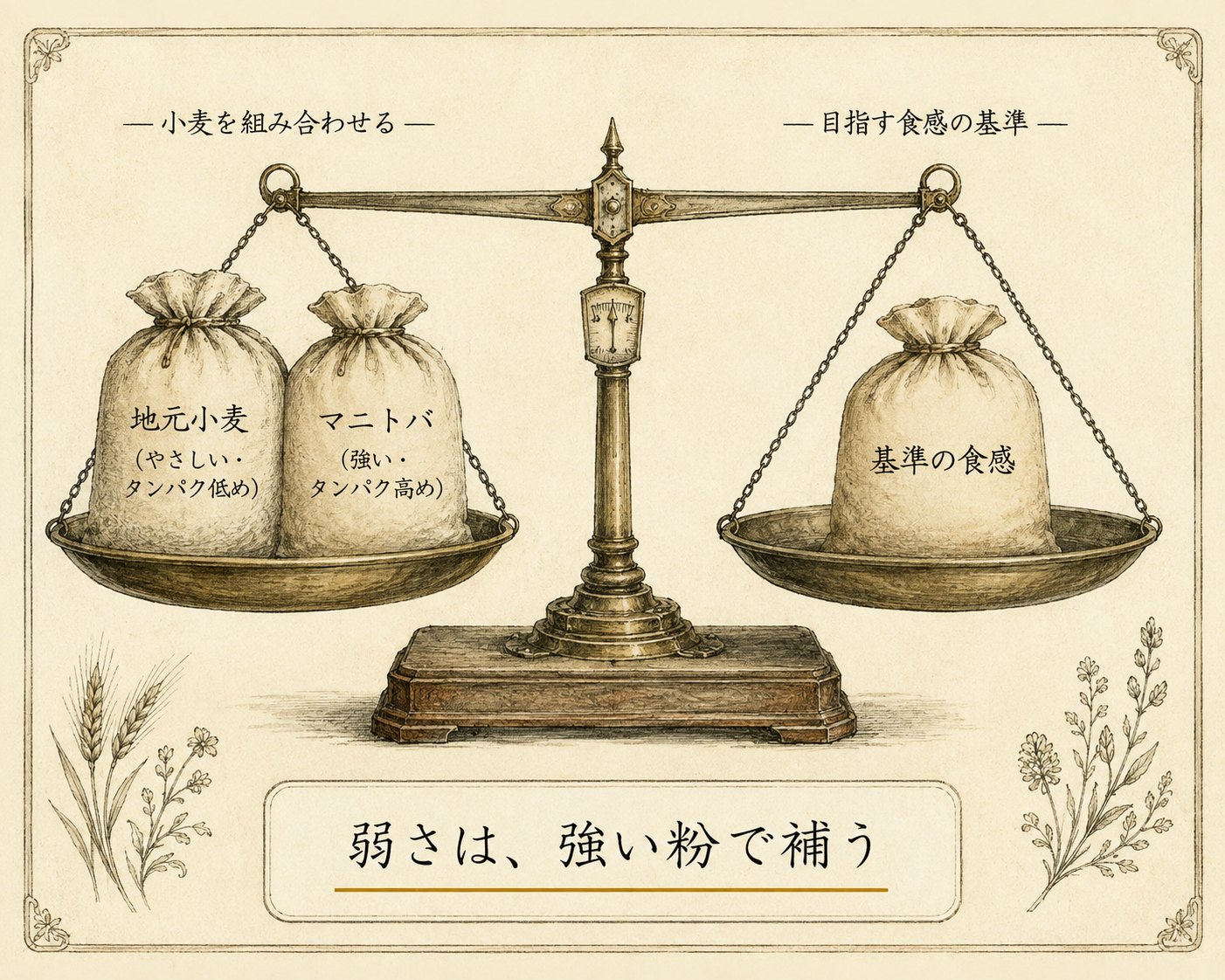地元小麦とマニトバを天秤で基準の食感に釣り合わせる図。弱さは強い粉で補う