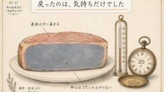 室温に20分置いたステーキの断面図。表面は少し温まるが中心は1℃しか上がらない。戻ったのは気持ちだけでした