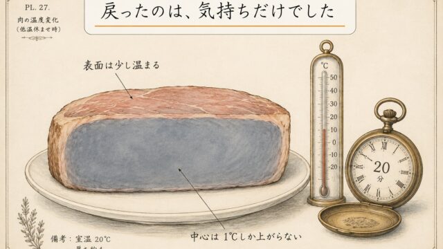室温に20分置いたステーキの断面図。表面は少し温まるが中心は1℃しか上がらない。戻ったのは気持ちだけでした