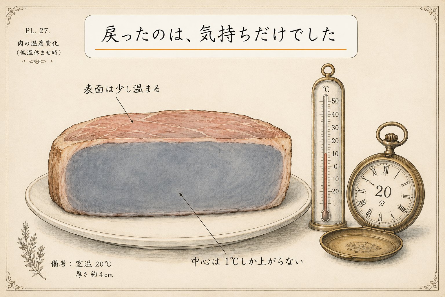 室温に20分置いたステーキの断面図。表面は少し温まるが中心は1℃しか上がらない。戻ったのは気持ちだけでした