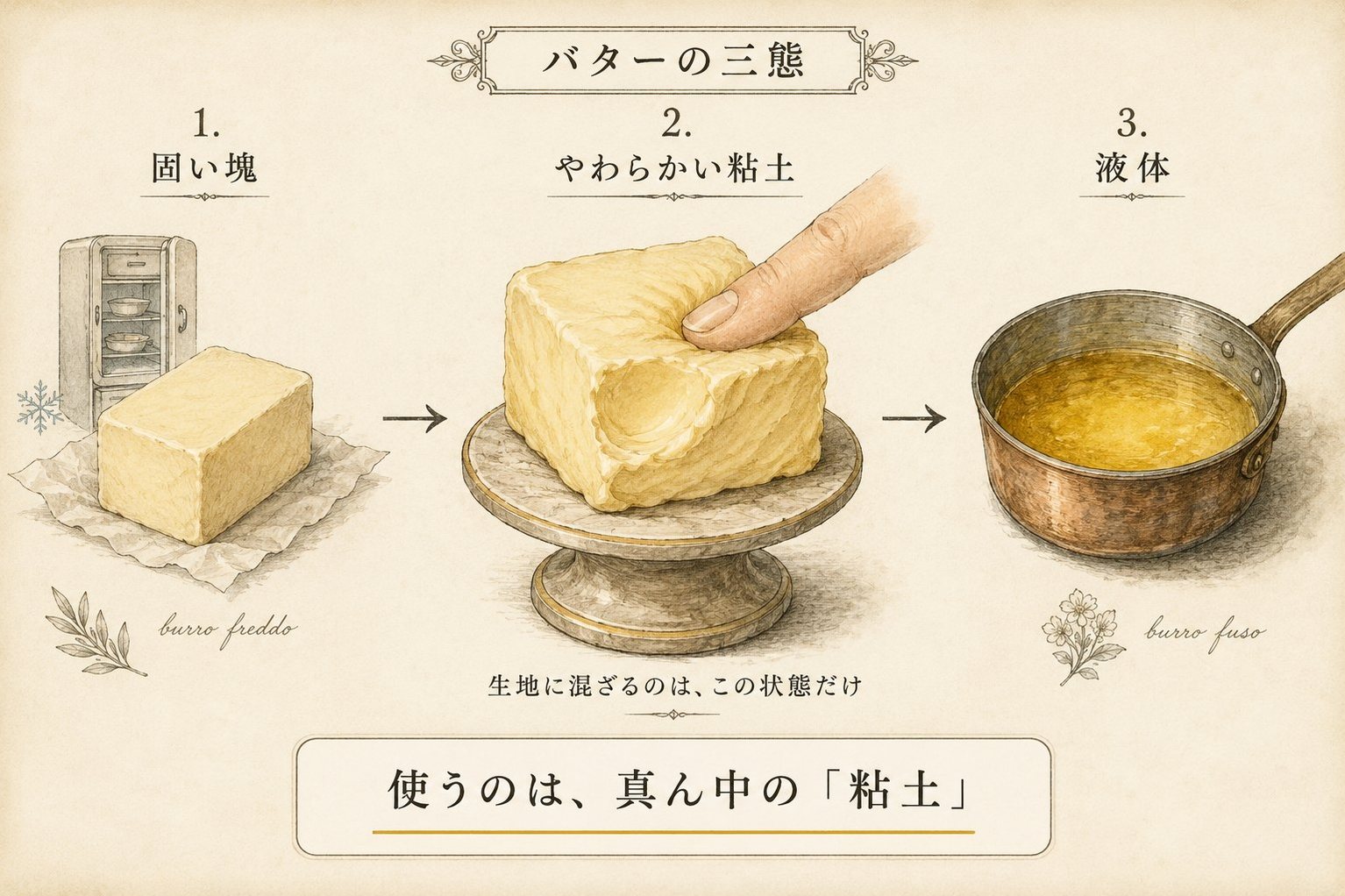 バターの三態。固い塊・やわらかい粘土・液体。生地に混ざるのは真ん中の粘土だけ