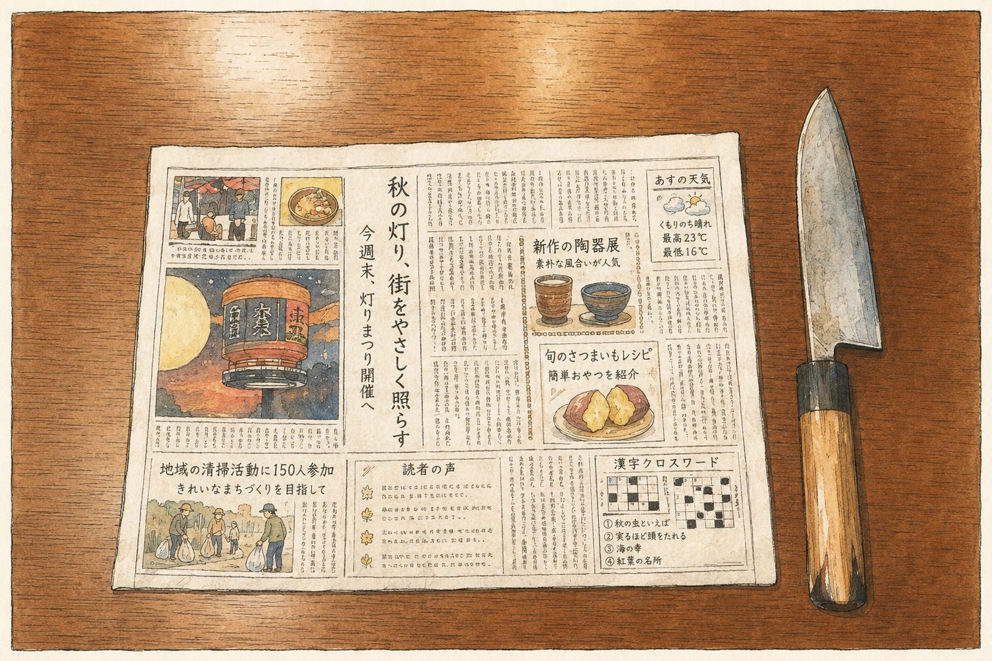新聞紙を広げて包丁を置く