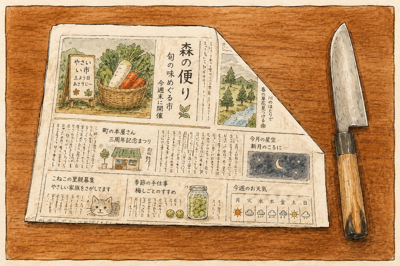 新聞紙の角を斜めに折る