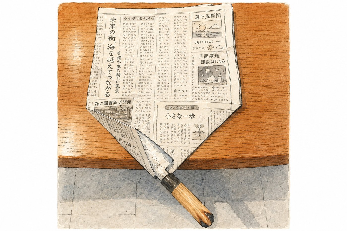 折り目に刃を沿わせて巻き始める