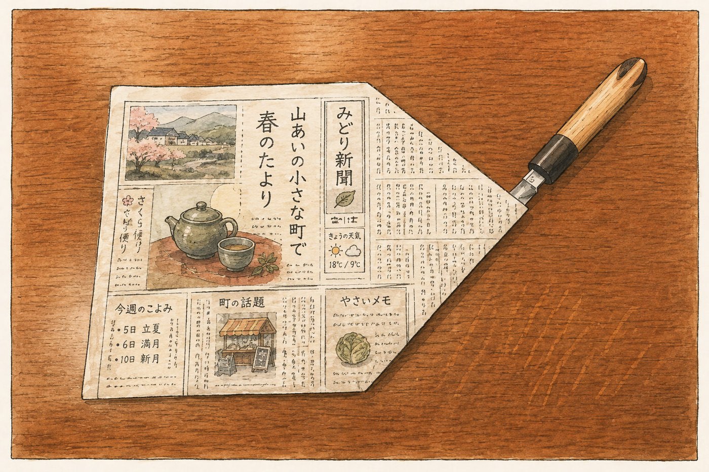 包丁を軸に新聞紙を巻いていく
