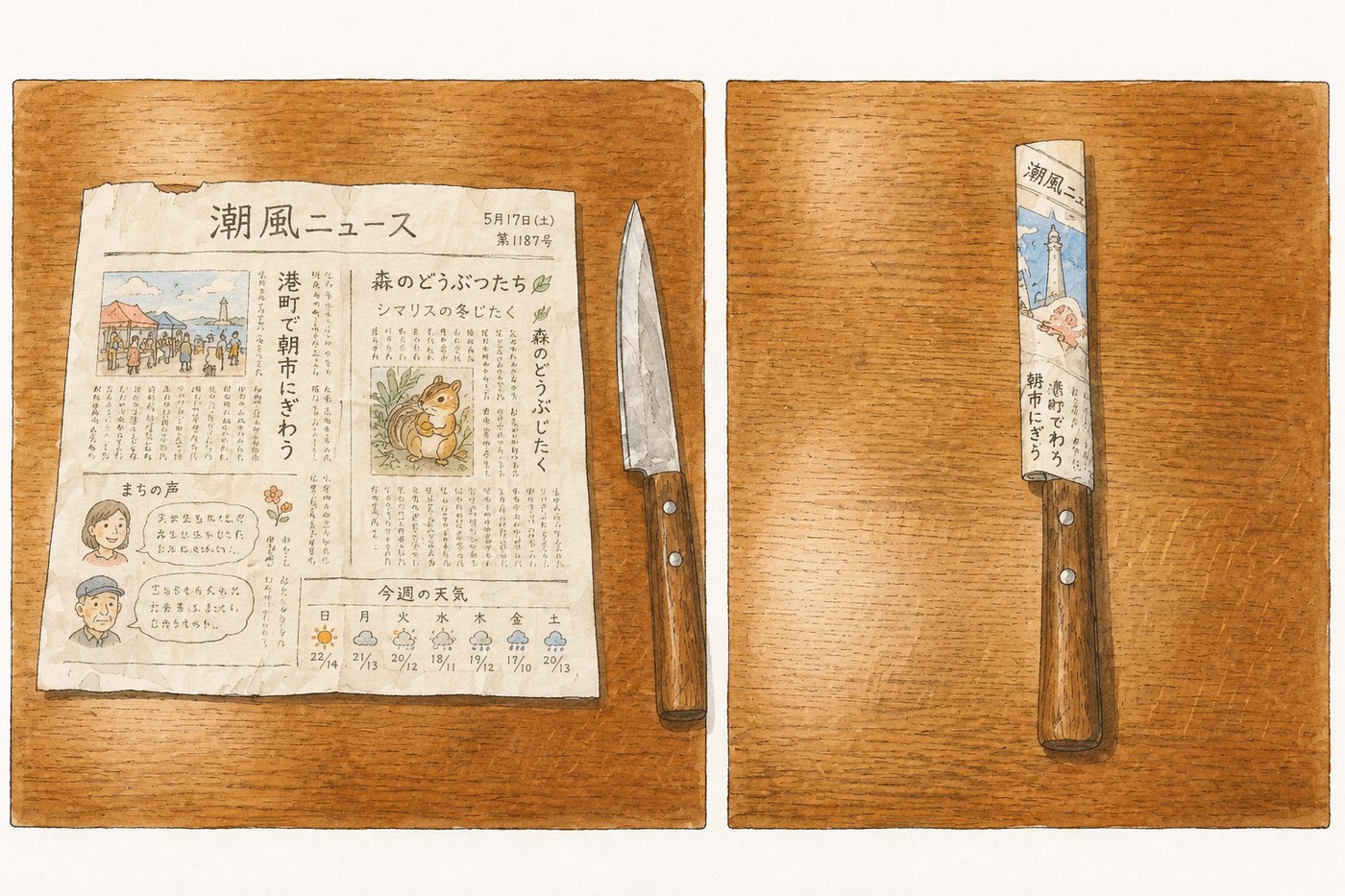 小さな包丁を新聞紙で柄ごと包んだ例