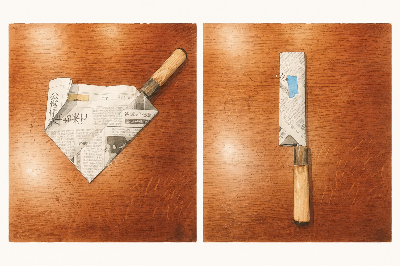 新聞紙の鞘の完成。テープで留めて、刃だけが包まれ柄は外に出ている
