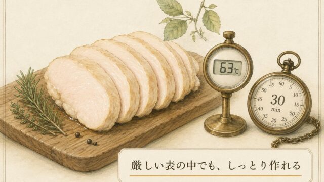 低温調理した鶏胸のスライスと、63℃を示す芯温計、30分の懐中時計。厳しい表の中でもしっとり作れる