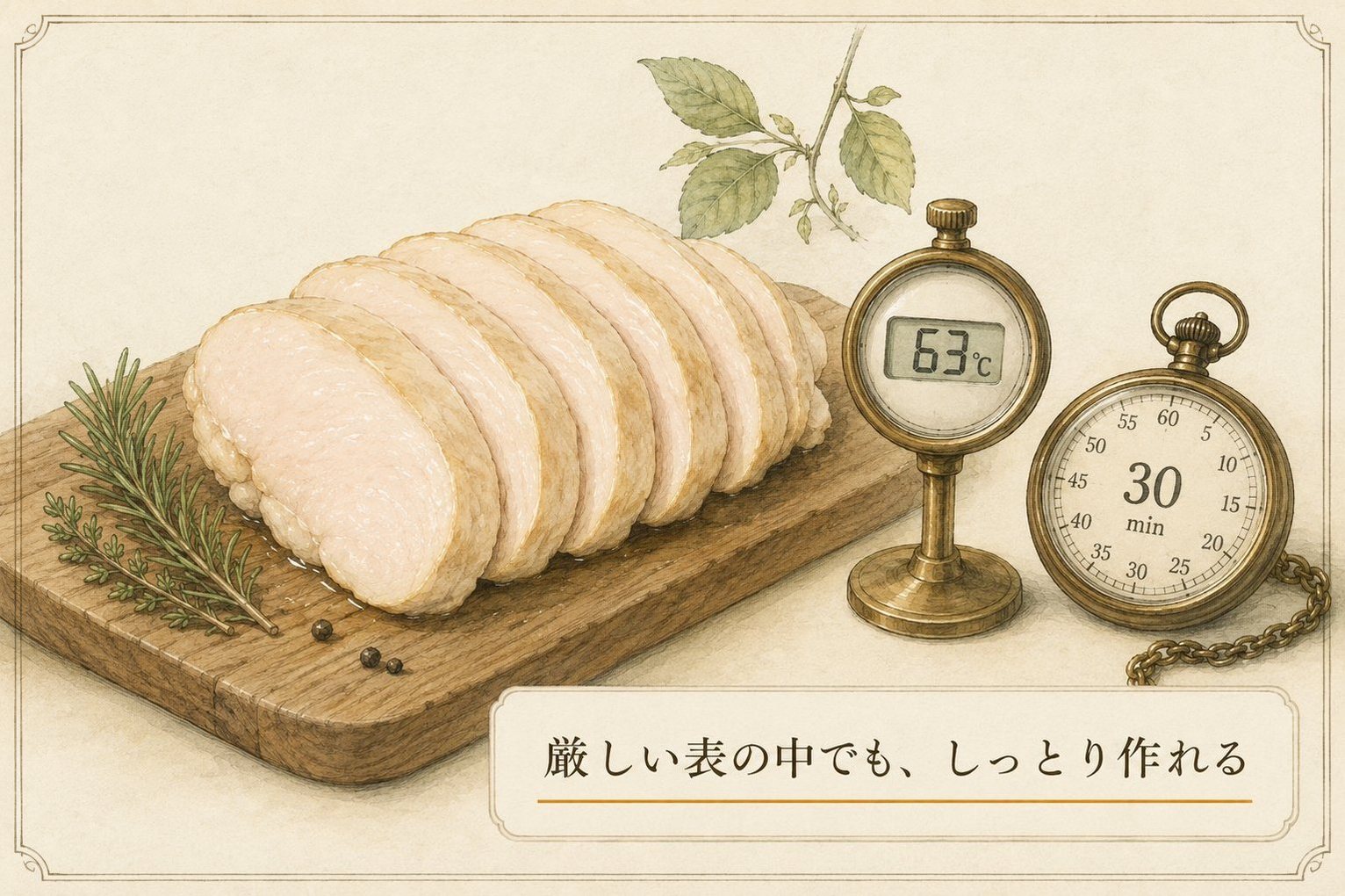 低温調理した鶏胸のスライスと、63℃を示す芯温計、30分の懐中時計。厳しい表の中でもしっとり作れる