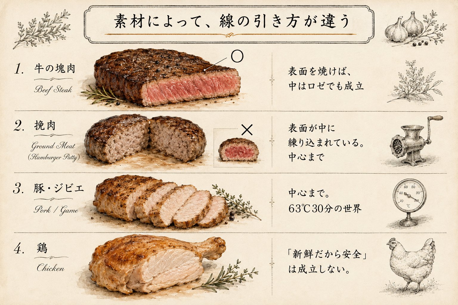 牛塊肉・挽肉・豚ジビエ・鶏の4素材で加熱の線引きが違うことを示す図