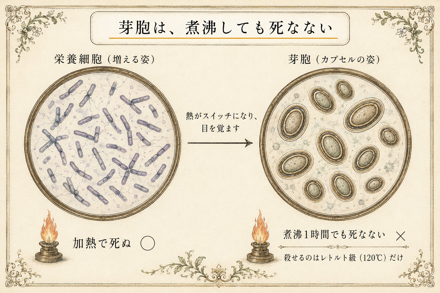 ウェルシュ菌の二つの姿。栄養細胞は加熱で死ぬが、芽胞は煮沸1時間でも死なない