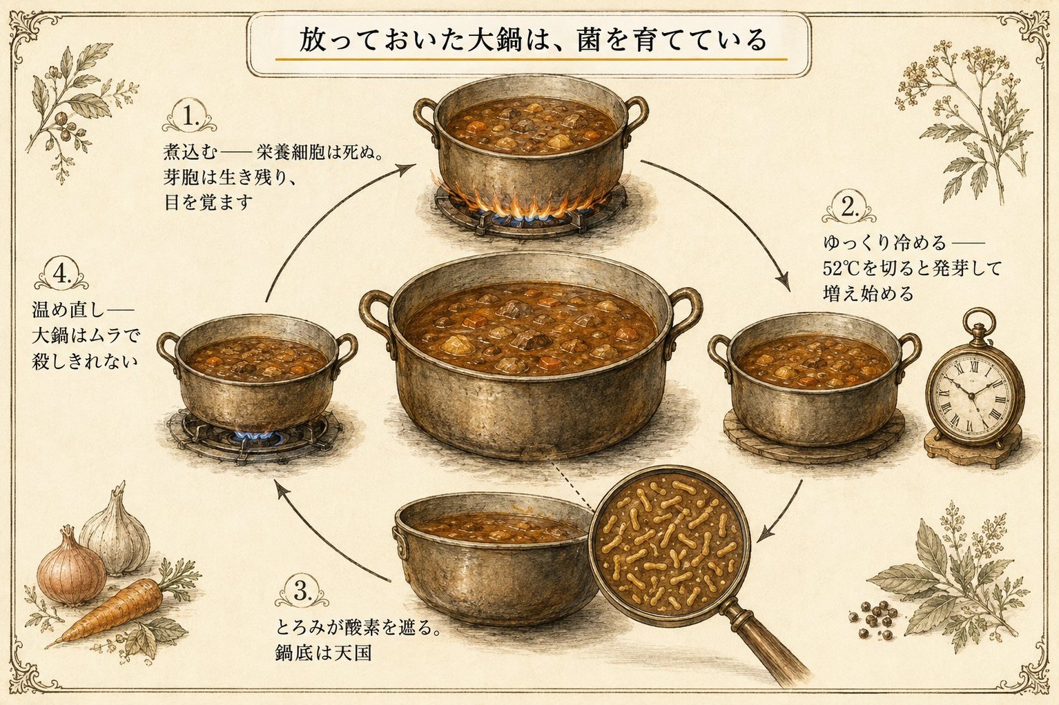 カレーの大鍋のサイクル図。煮込む→ゆっくり冷める間に芽胞が発芽増殖→温め直しでは殺しきれない