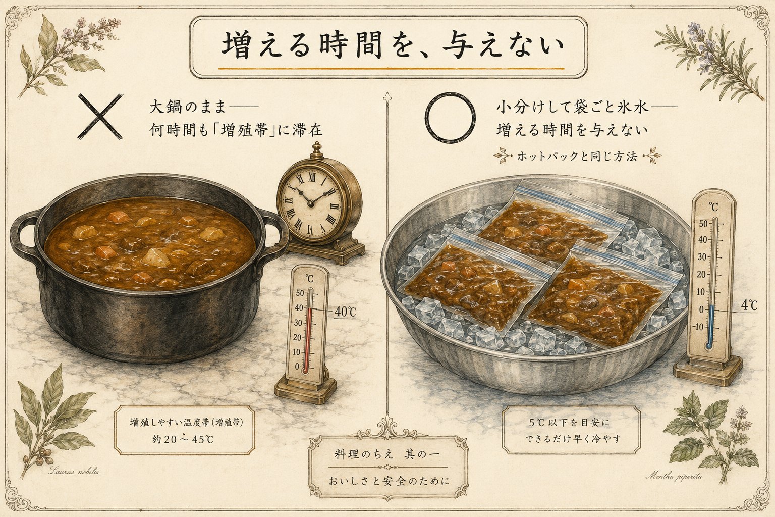 大鍋のまま常温は×、小分けして袋ごと氷水で急冷が◯の図。増える時間を与えない