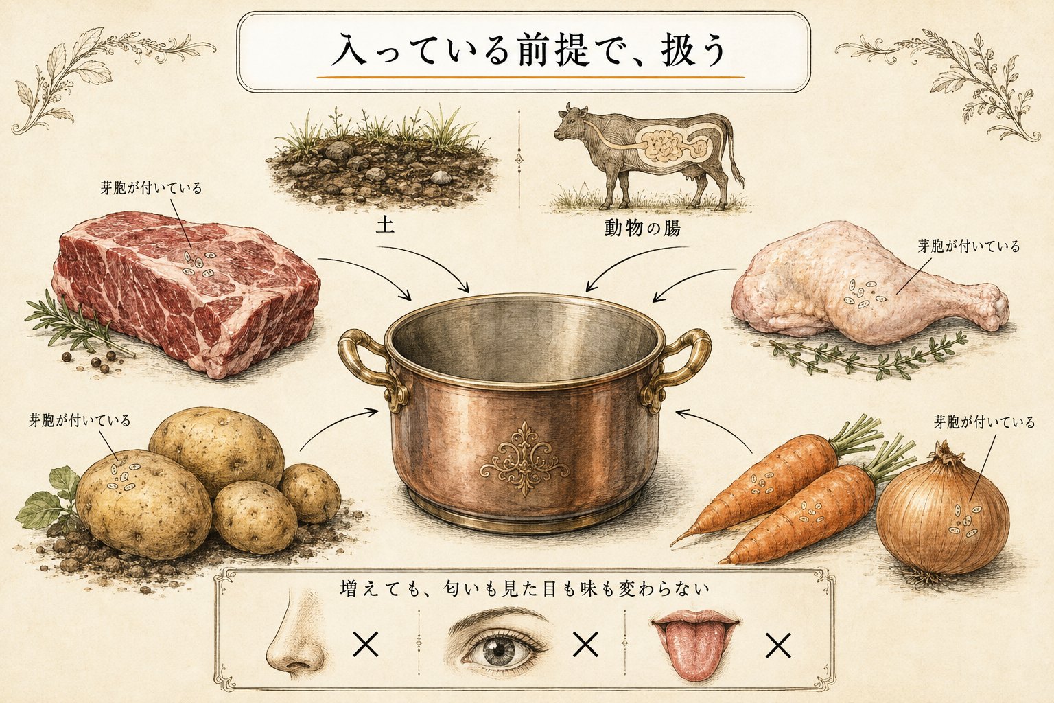 ウェルシュ菌の住処は土と動物の腸。肉や野菜に芽胞が付いて鍋に入る。増えても匂いも見た目も味も変わらない