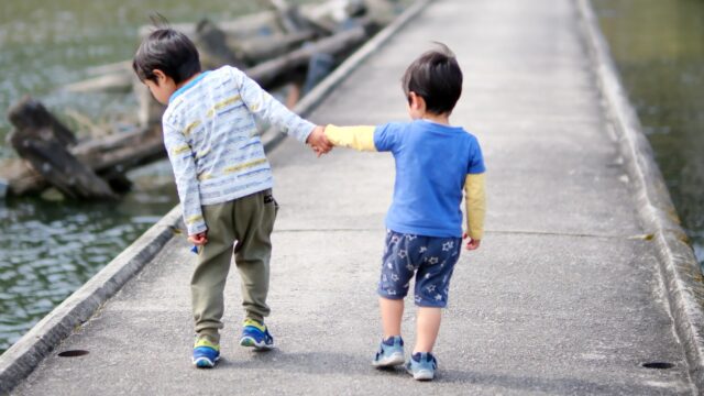 手をつないで橋を渡る兄弟の後ろ姿
