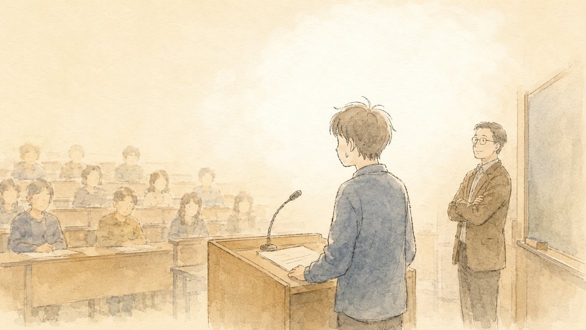 発表で頭が真っ白になった学生と、見守る先生のイラスト