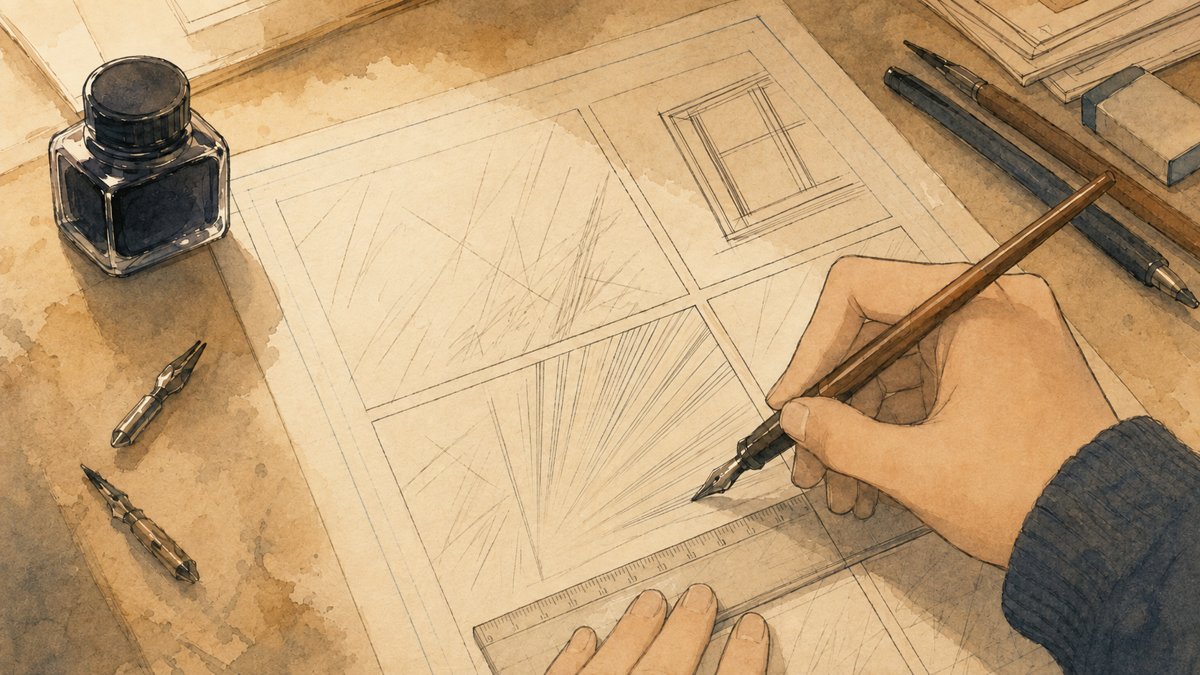 漫画原稿にペンで効果線を引く手元のイラスト