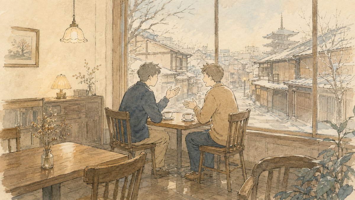 冬の京都の喫茶店で再会して話す二人のイラスト