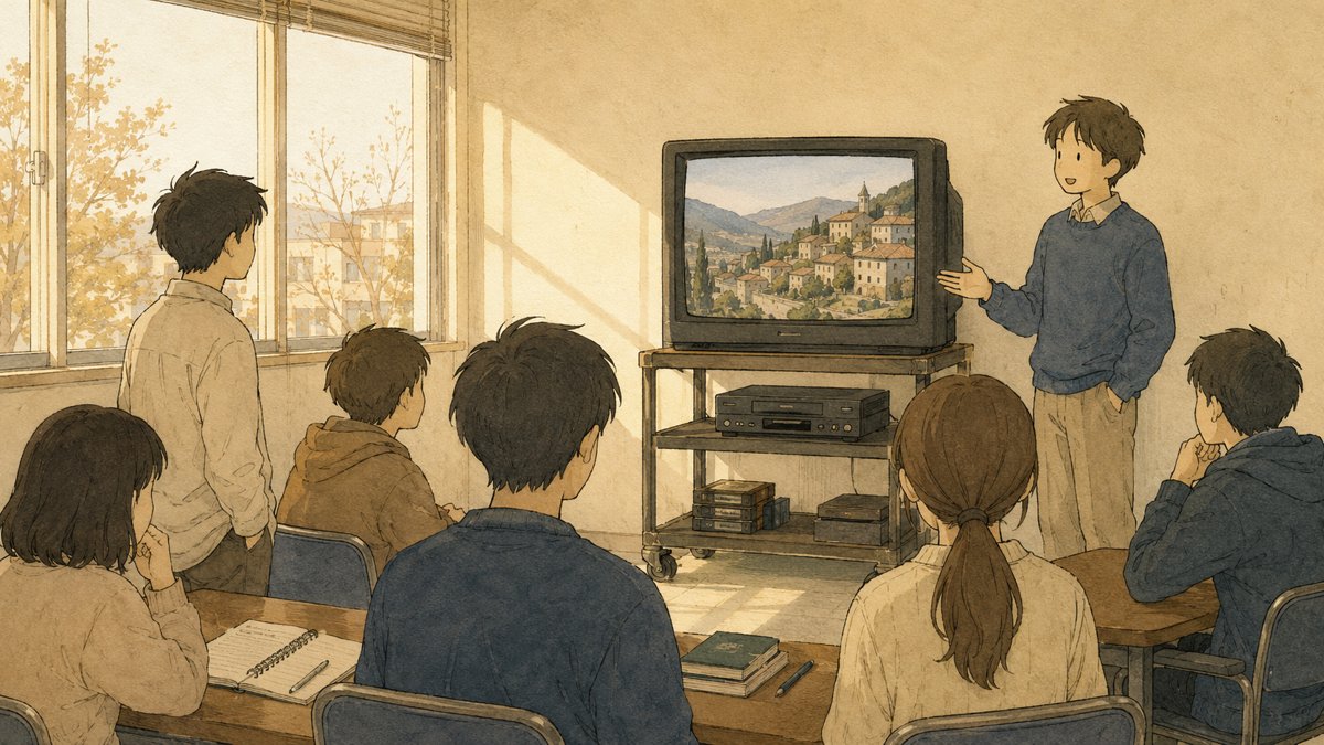 ゼミ室でブラウン管テレビの旅番組をみんなで観ている授業のイラスト