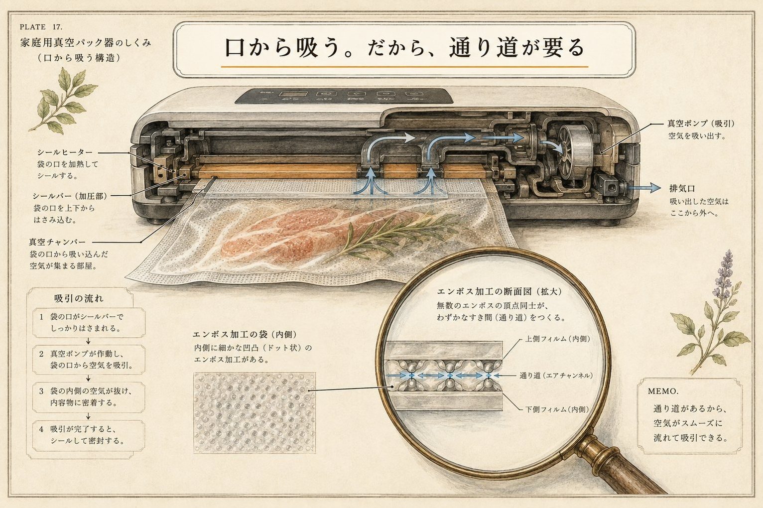 外吸い式の真空パック機の断面図。袋の口から空気を吸うため、エンボス加工の通り道が要る