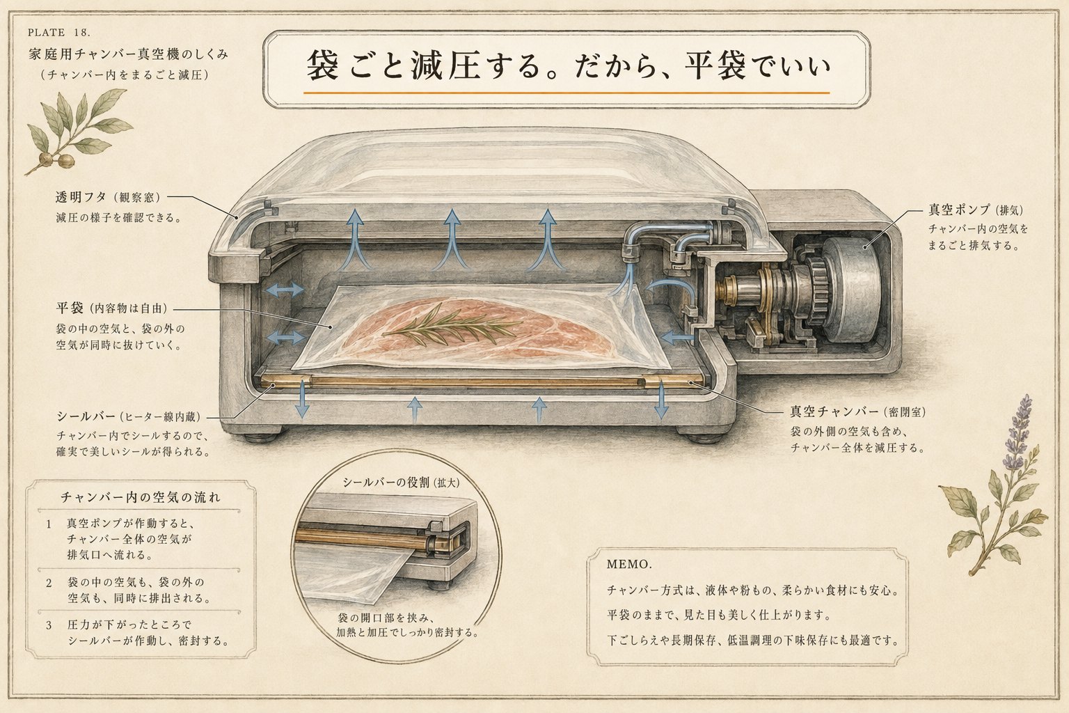 チャンバー式の真空パック機の断面図。袋ごと減圧するため、平袋が使える