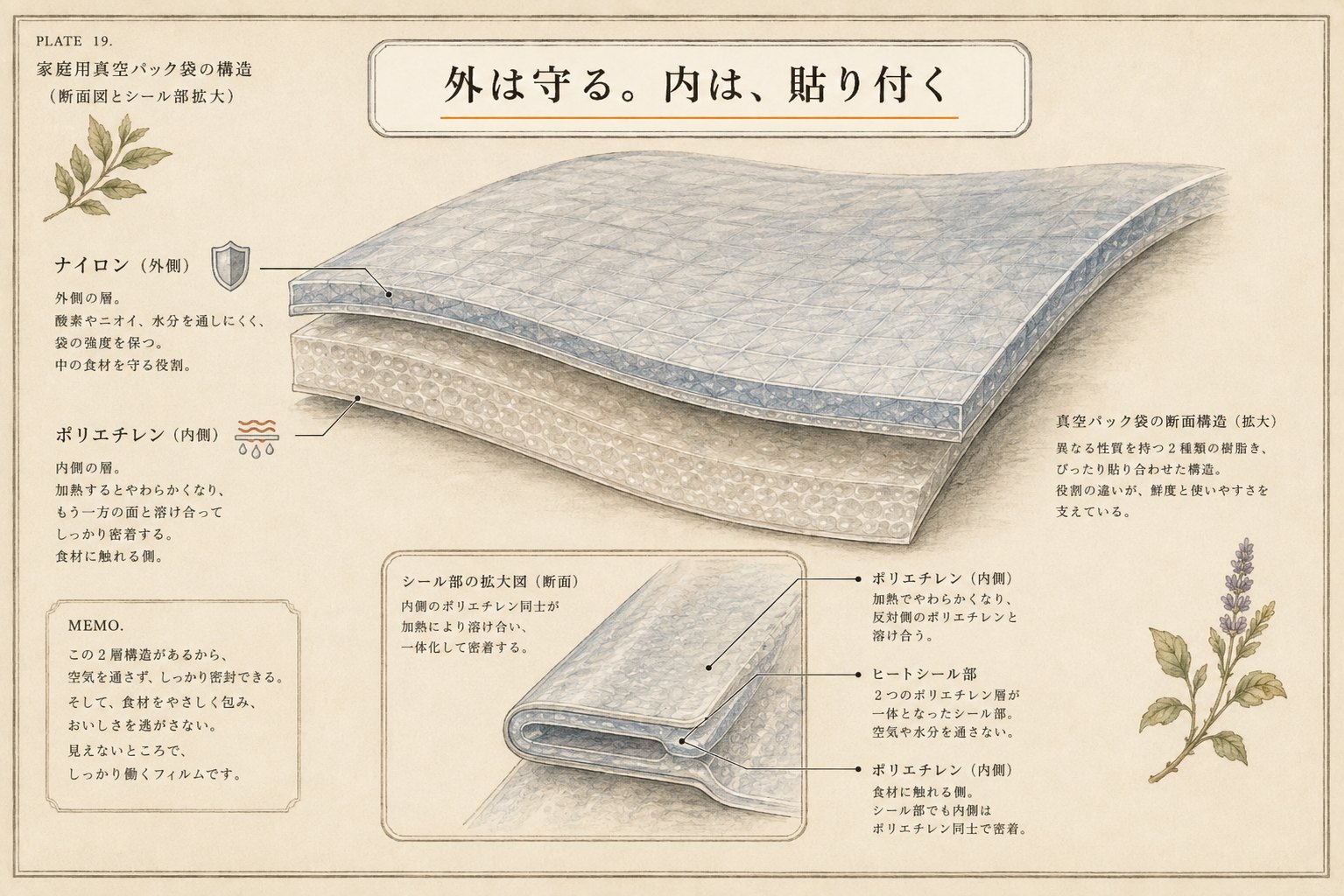 真空袋の層構造の図。外側のナイロンは守る役、内側のポリエチレンは熱で貼り付く役