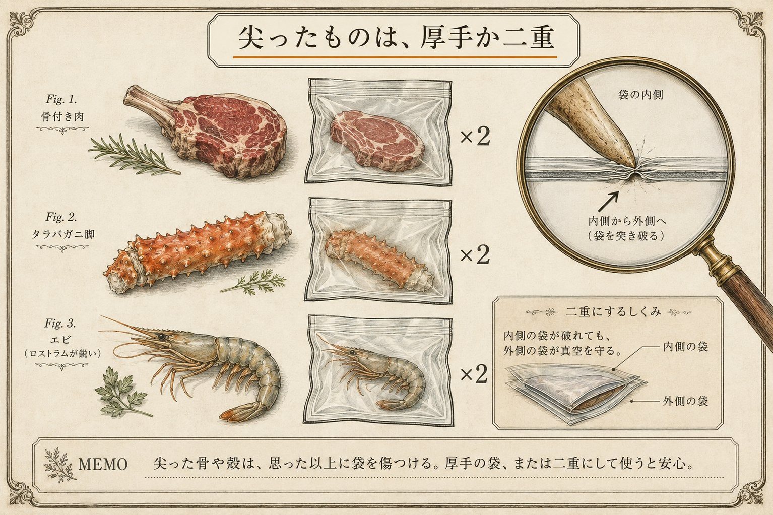 骨付き肉・タラバガニ脚・エビと、厚手または二重の真空袋の図。尖ったものは厚手か二重に