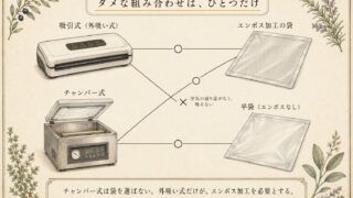 機械と袋の相性図。ダメな組み合わせは外吸い式と平袋のひとつだけで、チャンバー式はどちらの袋も使える