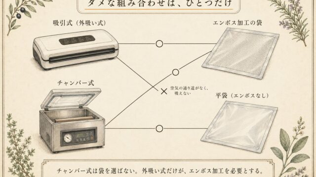 機械と袋の相性図。ダメな組み合わせは外吸い式と平袋のひとつだけで、チャンバー式はどちらの袋も使える