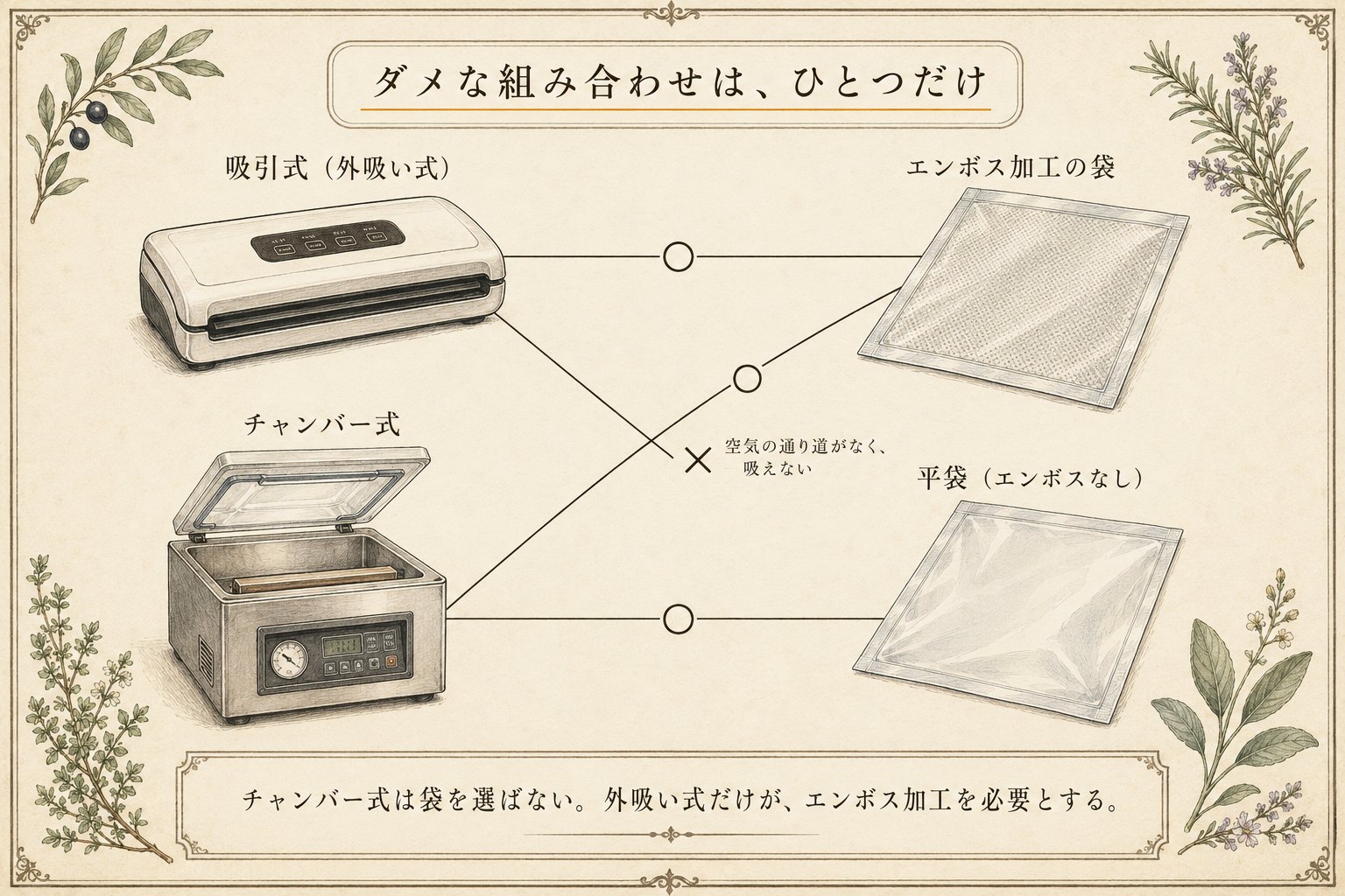 機械と袋の相性図。ダメな組み合わせは外吸い式と平袋のひとつだけで、チャンバー式はどちらの袋も使える