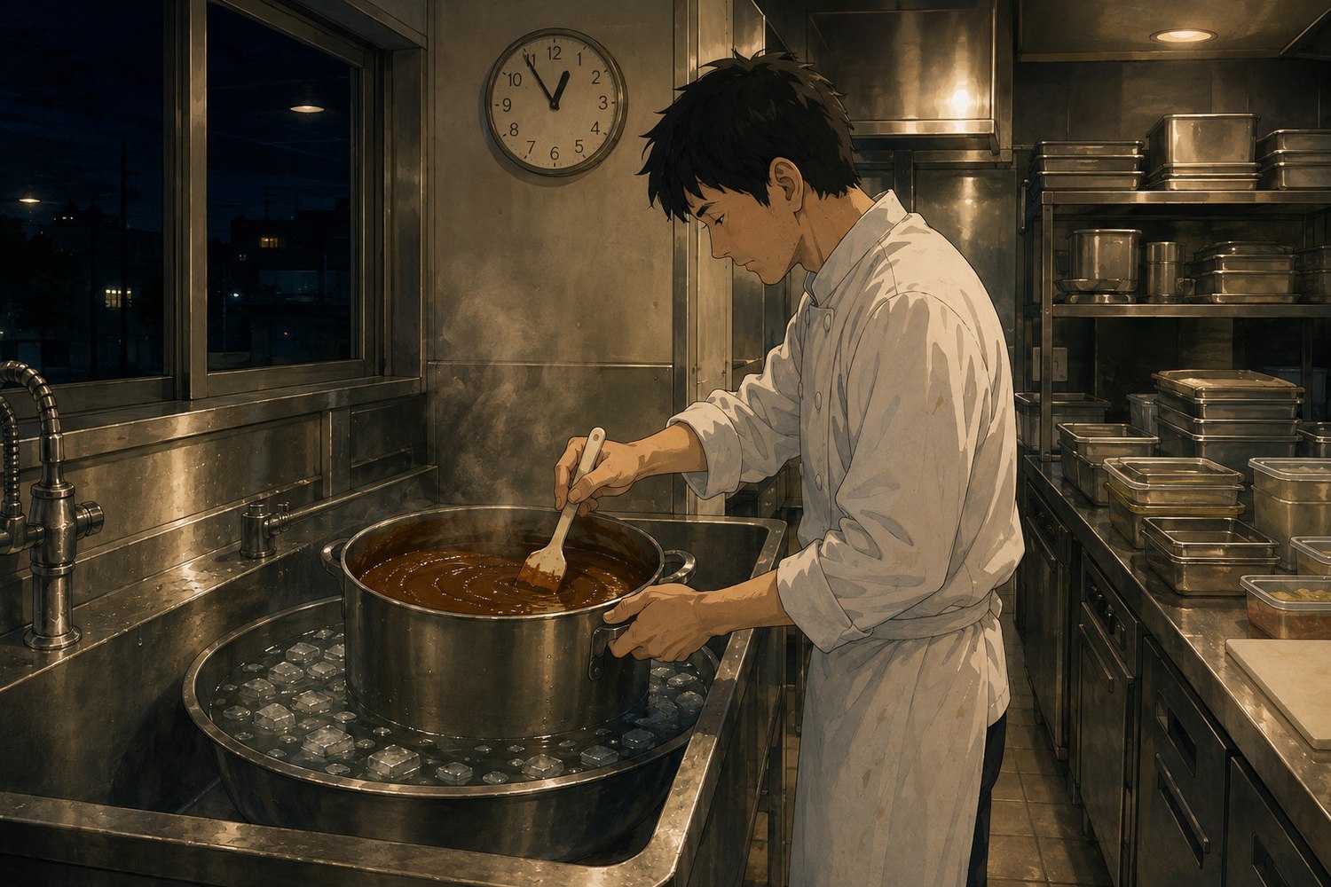 夜の厨房で、氷水を張ったボウルに鍋をあて、ゴムベラでカレーを混ぜ続けて粗熱を取る料理人