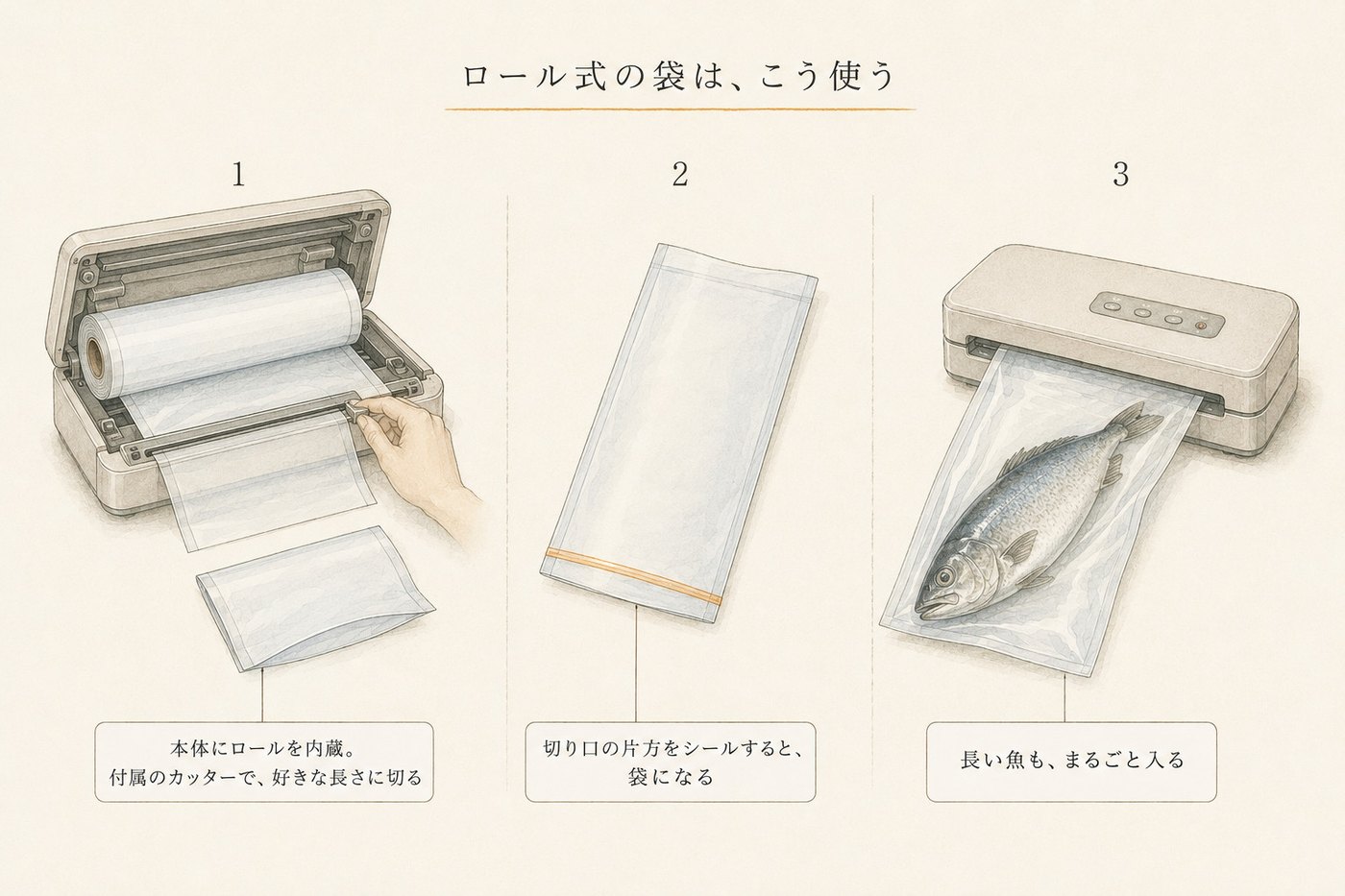 ロール式の袋の使い方：本体にロールを内蔵し付属のカッターで切る→切り口の片方をシールすると袋になる→長い魚もまるごと入る
