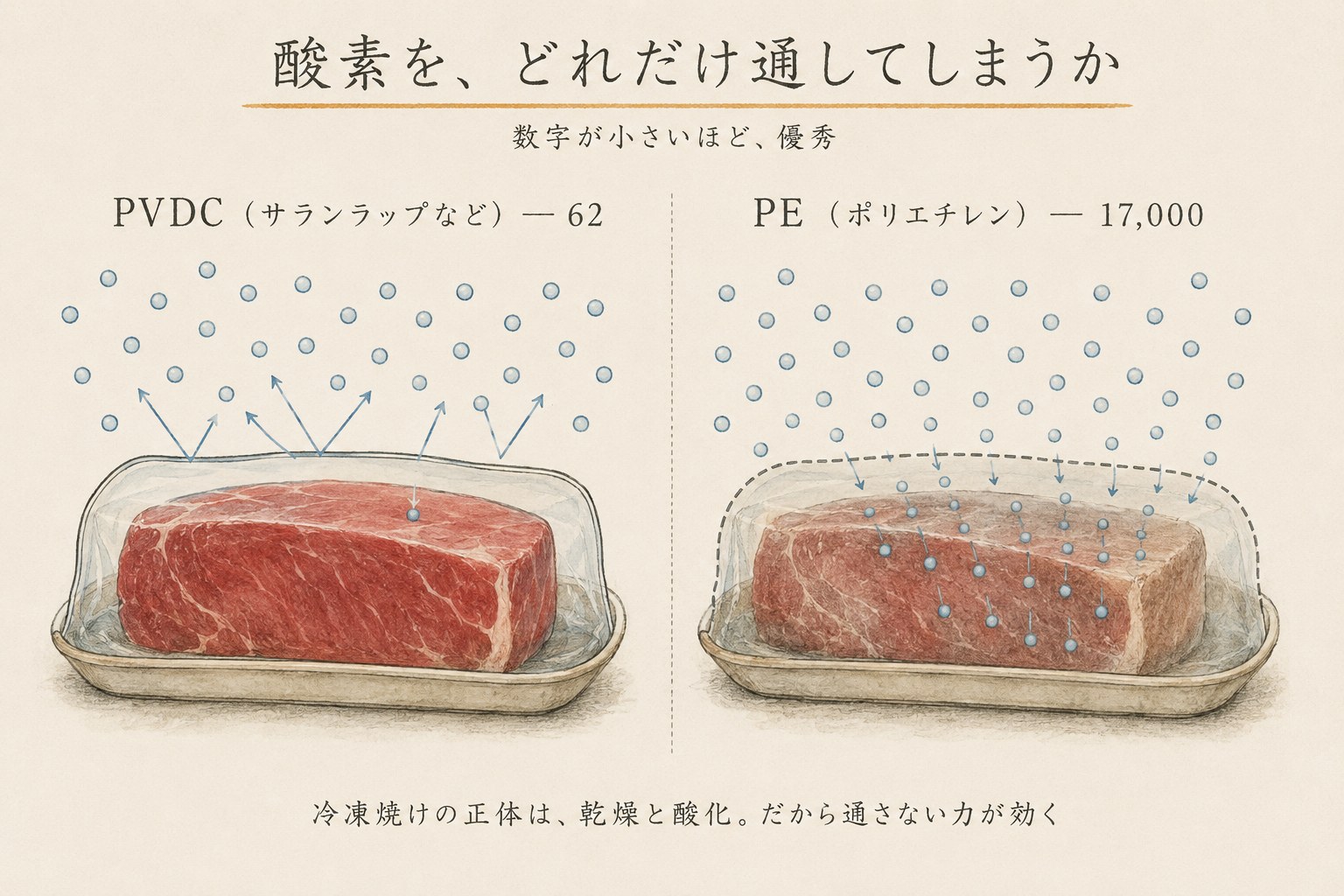 PVDCはほとんど酸素を弾き、PEは多くの酸素を通してしまうことを比べた図