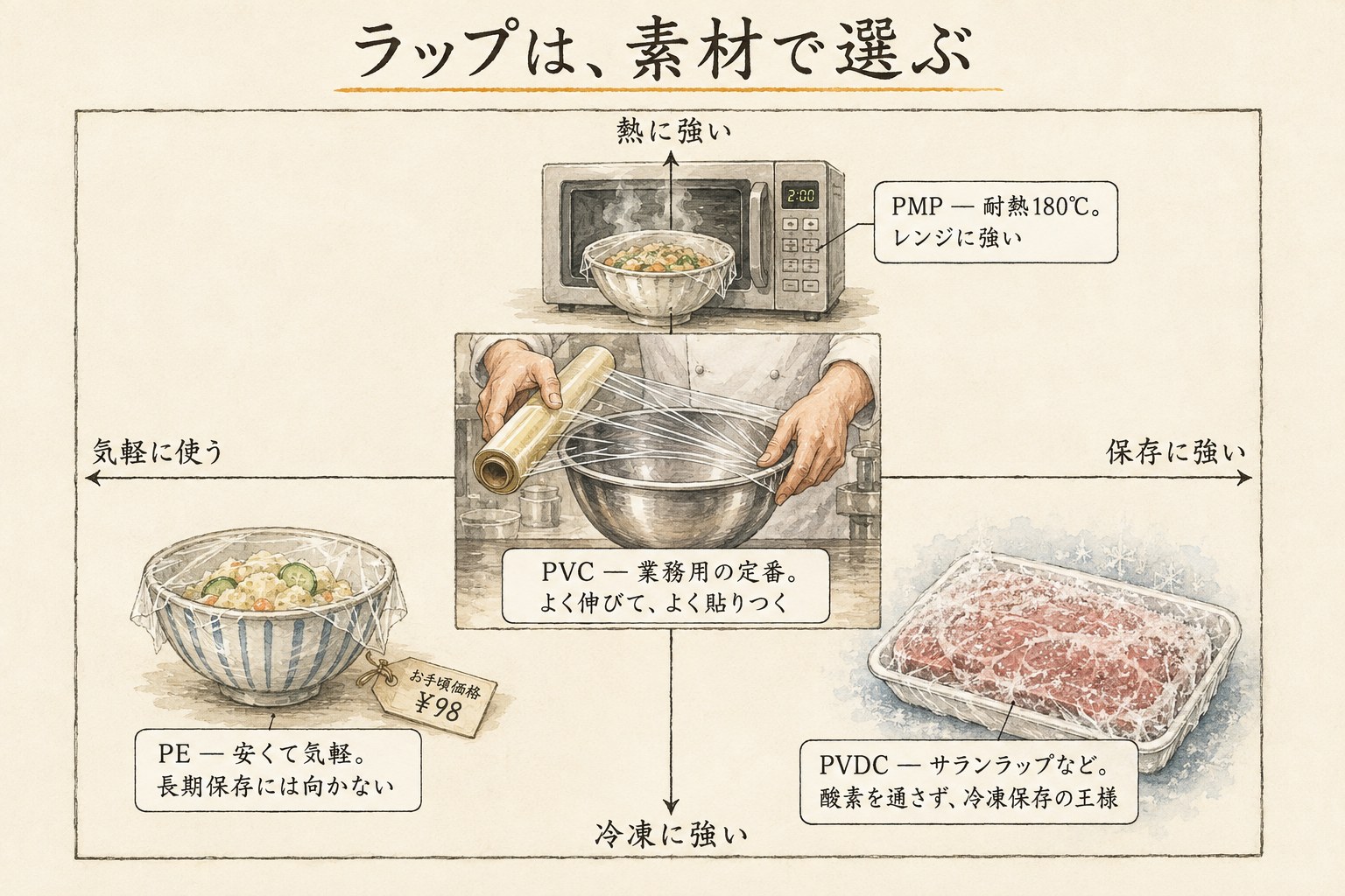 ラップの素材を、保存・気軽さ・熱・冷凍の4方向で位置づけたマップ