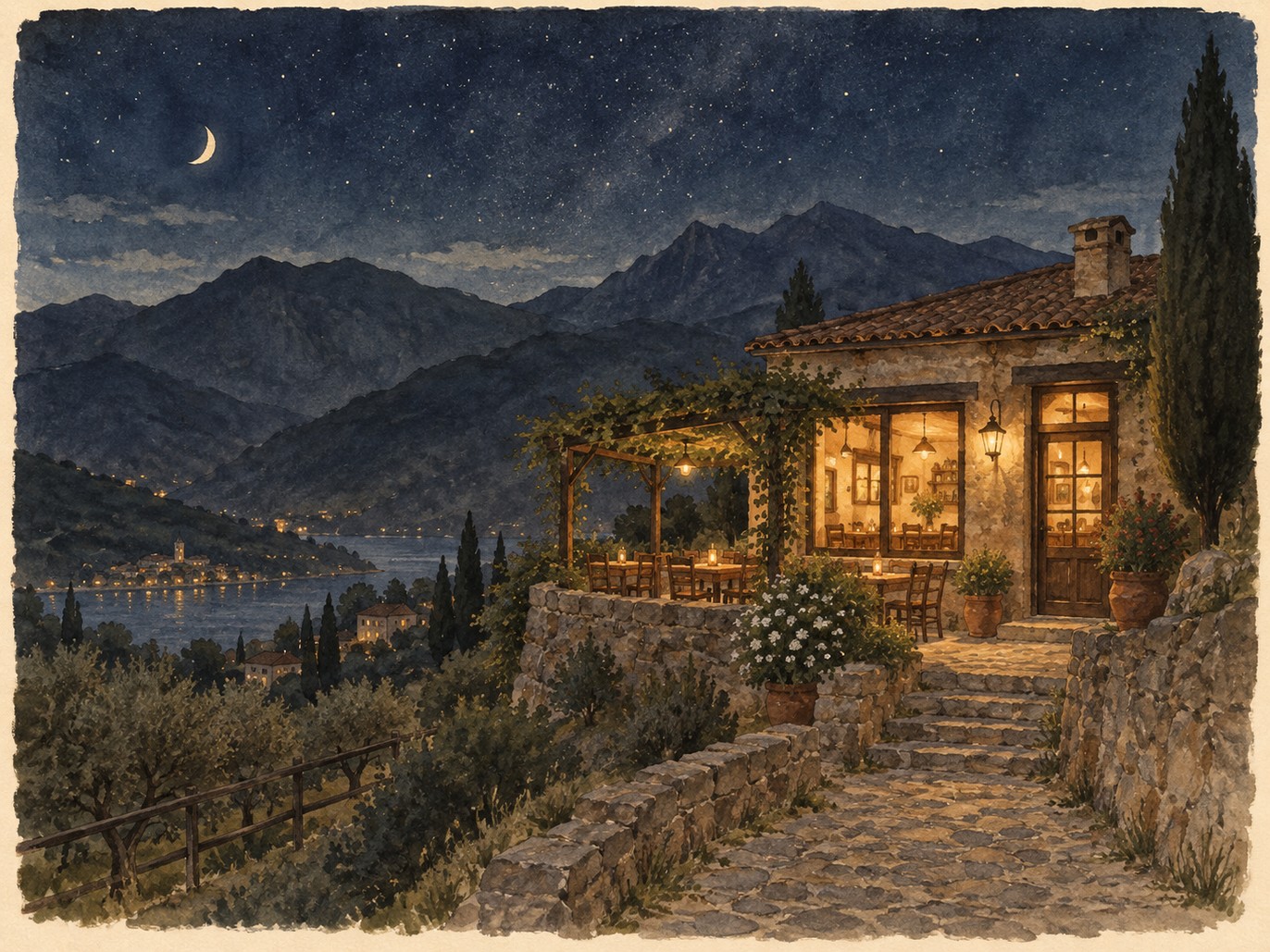 山の上の店の静かな夜の挿絵