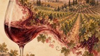 ワイングラスから葡萄畑が広がる幻想的な挿絵