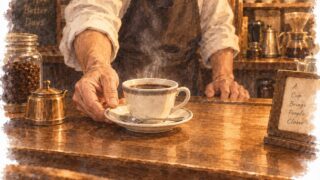 喫茶店のカウンター越しに差し出される一杯のコーヒーの水彩イラスト