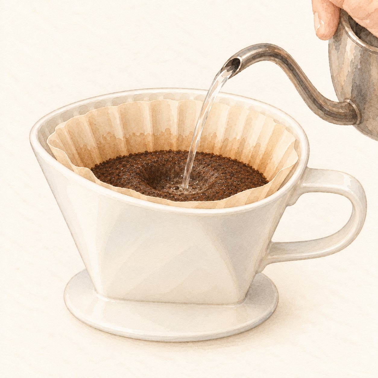 お湯を注ぐとコーヒー粉の真ん中がすり鉢状にへこんでいくドリップの水彩イラスト