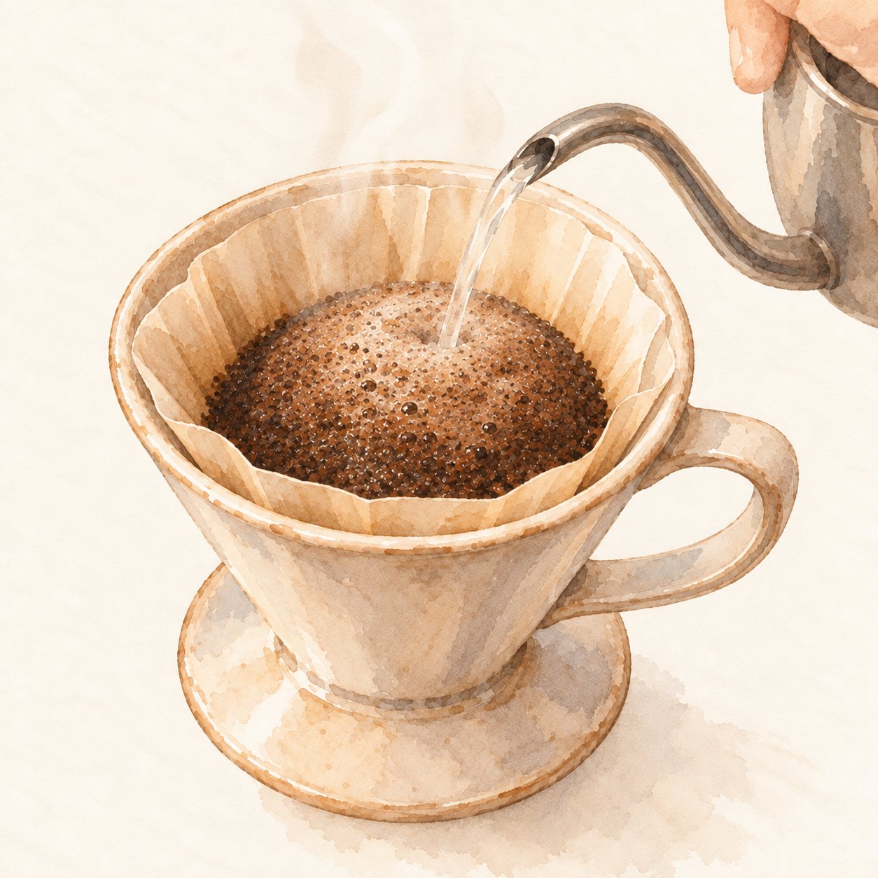 ドーム状に大きく膨らむドリップ中のコーヒー粉の水彩イラスト