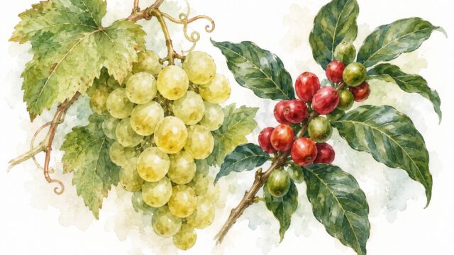 白い背景に、シャルドネのような黄緑色のぶどうの房と、赤と緑の実がついたコーヒーの枝が並ぶ水彩