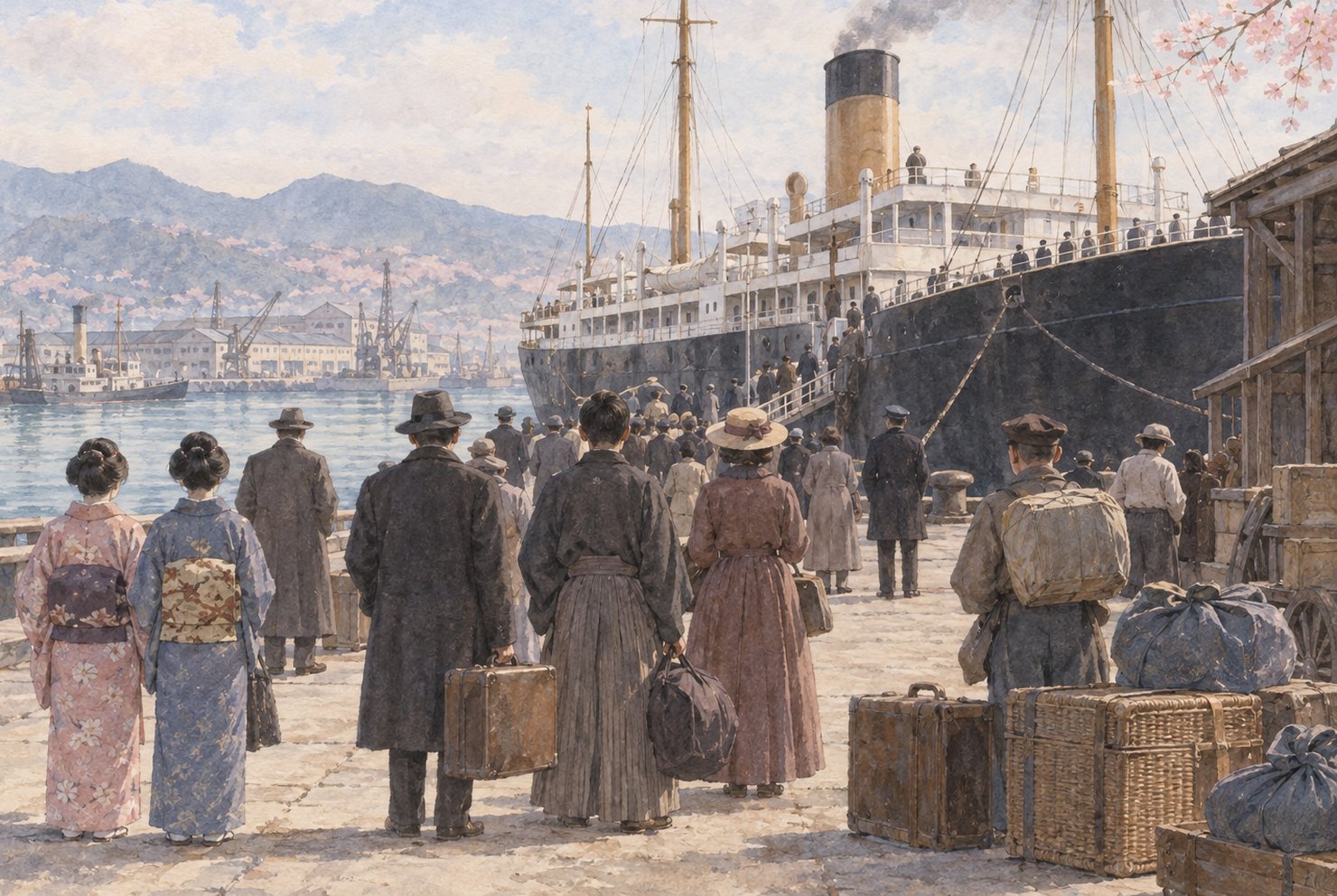 1908年春の神戸港。岸壁に停泊した蒸気船と、旅立つ人と見送る人々の後ろ姿を描いた水彩