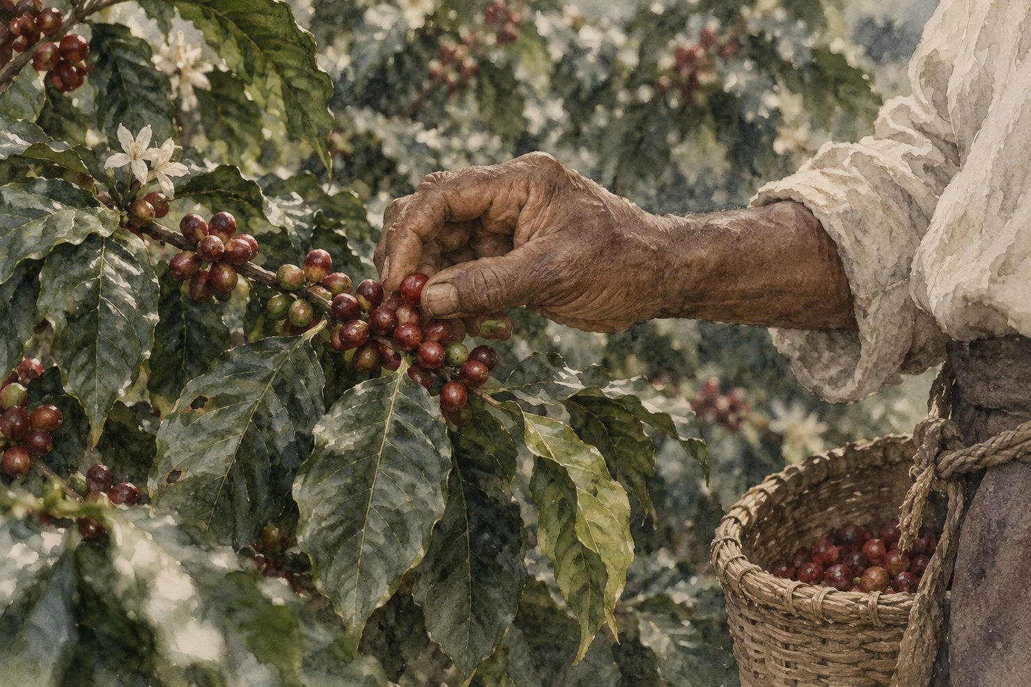 赤く熟したコーヒーの実を枝から摘む、日に焼けた手と、腰の籠を描いた水彩