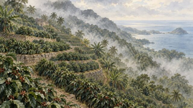 十八世紀のカリブ海の島の、山の斜面を切り開いたコーヒーの段々畑と朝霧を描いた水彩