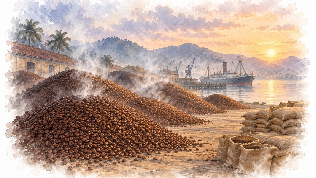 1930年代のブラジルの港の近くで、コーヒー豆の大きな山から白い煙が立ちのぼり、空の麻袋が積まれ、遠くに蒸気船が見える水彩