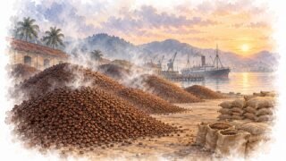 1930年代のブラジルの港の近くで、コーヒー豆の大きな山から白い煙が立ちのぼり、空の麻袋が積まれ、遠くに蒸気船が見える水彩