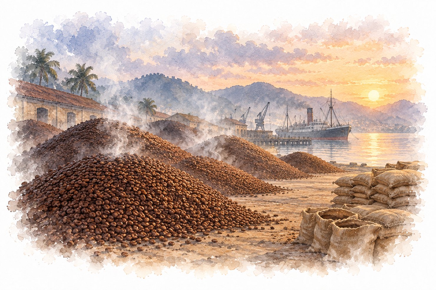 1930年代のブラジルの港の近くで、コーヒー豆の大きな山から白い煙が立ちのぼり、空の麻袋が積まれ、遠くに蒸気船が見える水彩