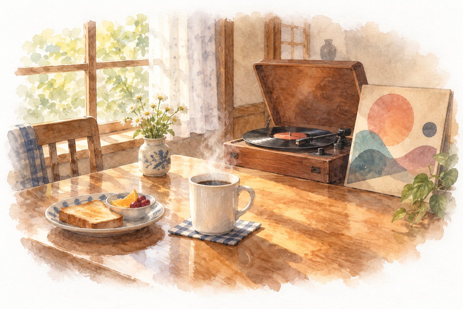 昭和の日本の家の朝の食卓。白いマグに注がれたコーヒーから湯気が立ち、奥に古いレコードプレーヤーとレコードジャケット。窓からやわらかい朝の光が差す水彩