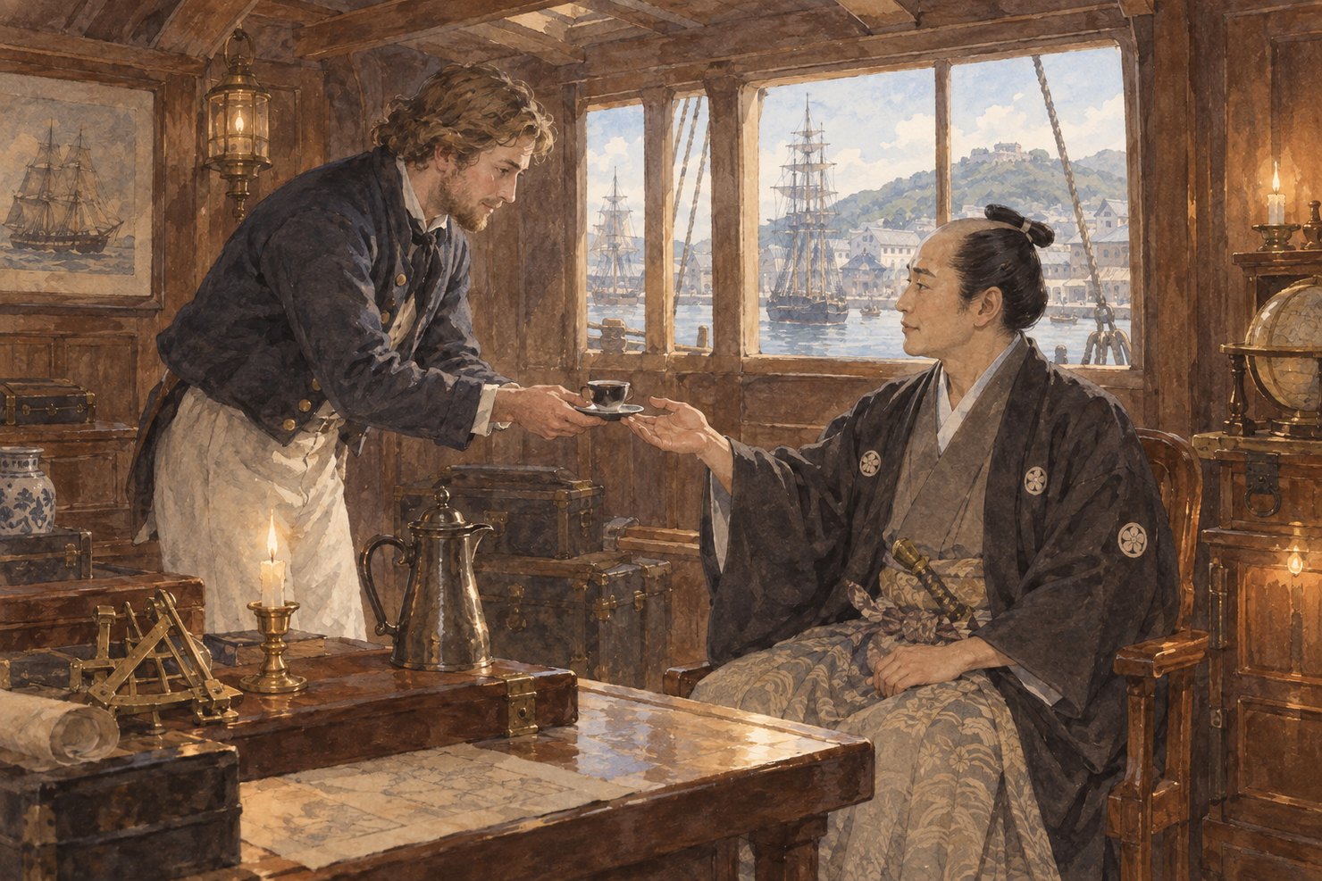 江戸時代の長崎、オランダ船の船室。オランダ人の船乗りが、小さな器に入った黒い飲み物を着物姿の日本の役人にすすめている。窓の外には港と帆船、机の上には銀のポットとろうそくの水彩