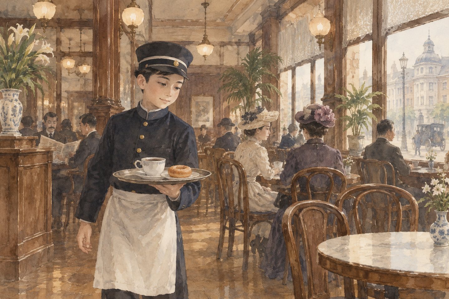 1911年の銀座、カフェーパウリスタの店内。海軍の制服に似たそろいの服と帽子の少年店員が、白いカップのコーヒーとドーナツをのせた盆を運んでいる。大きな窓から街が見え、テーブルには洋装の女性客。明治の終わりの水彩