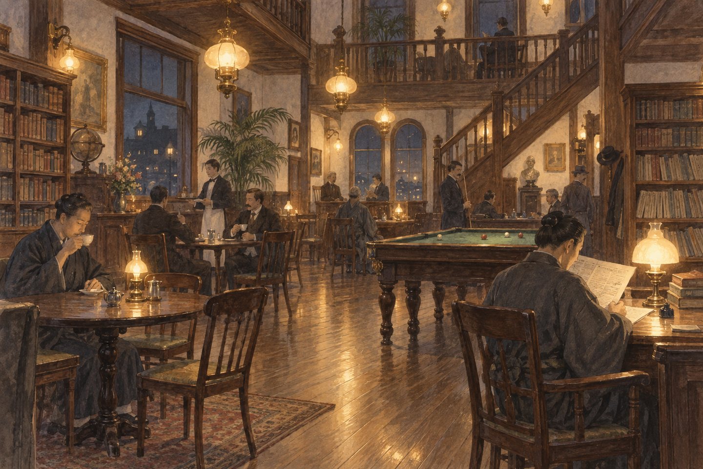 1888年の東京、可否茶館の店内。ランプの下で新聞を読む人、ビリヤード台、本の並んだ棚、吹き抜けと階段。和服の人と洋服の人がまざっている明治の夜の水彩